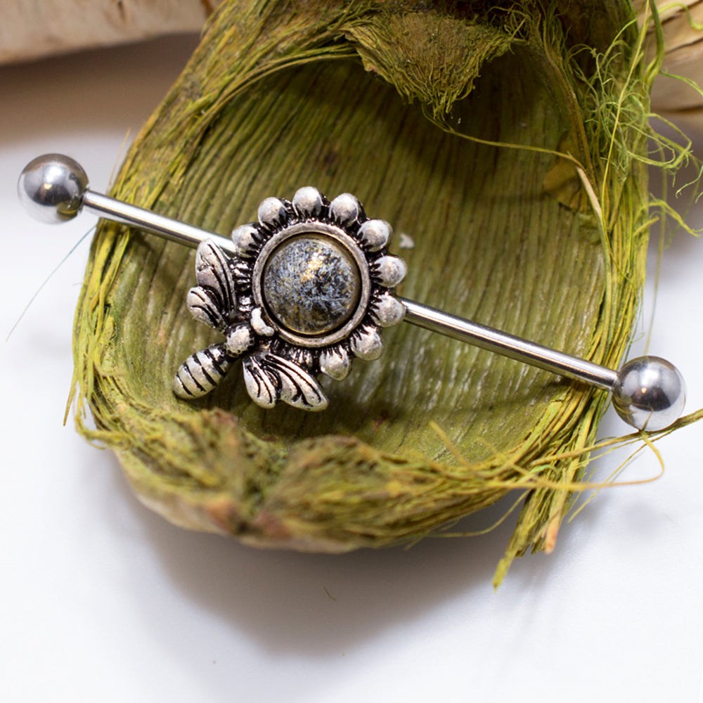 Surgical Steel 14 Gauge Industrial Barbell with Antique Flower Bee - photo 3