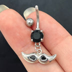 Surgical Steel 14G Belly Button Ring Black Gem CZ Dangling Mustache - View 2