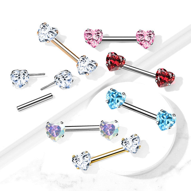 Surgical Steel Threadless Nipple Barbell 14G 12mm with Heart CZ - Pair