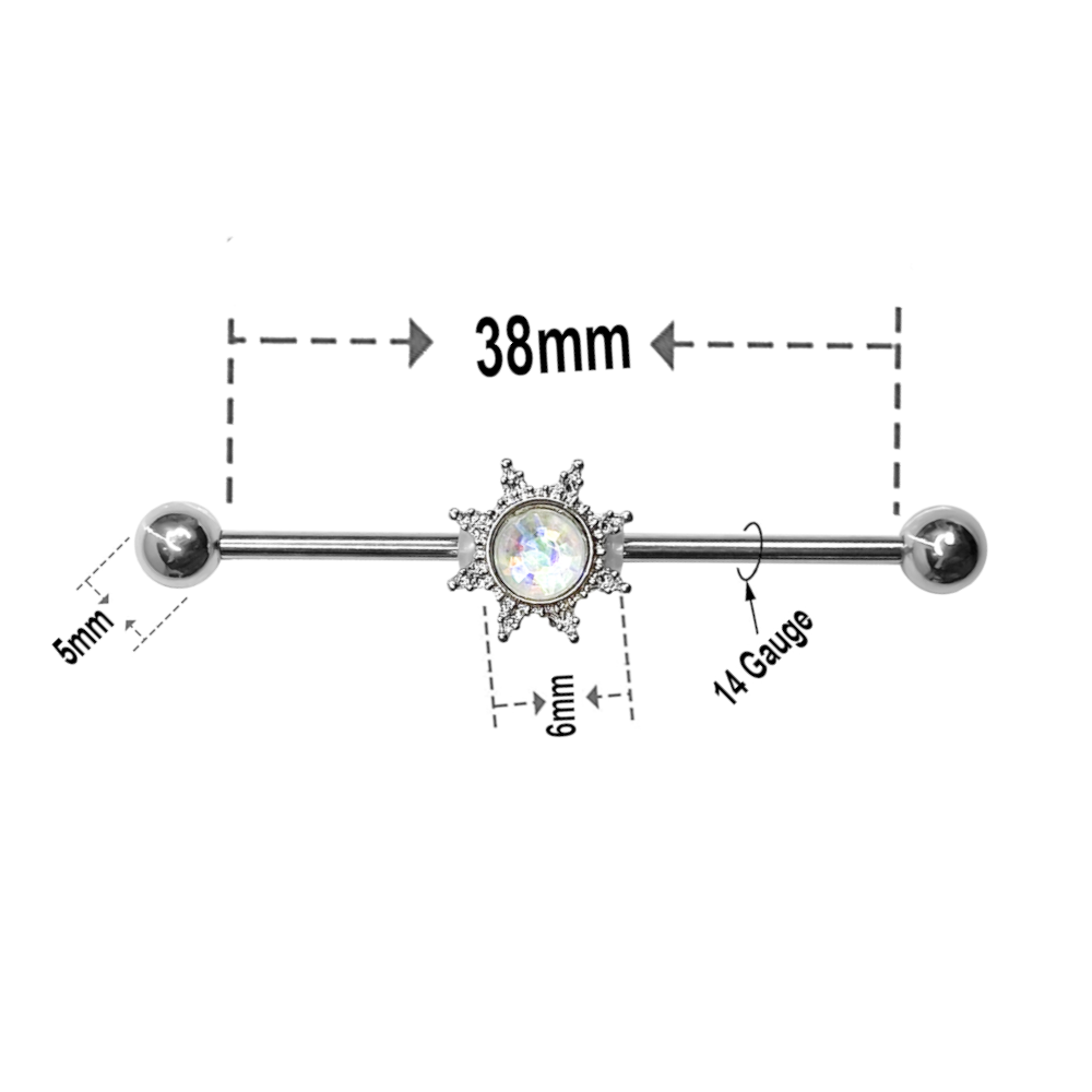 Surgical Steel 14 Gauge Industrial Barbell with Opal Sun - photo 3