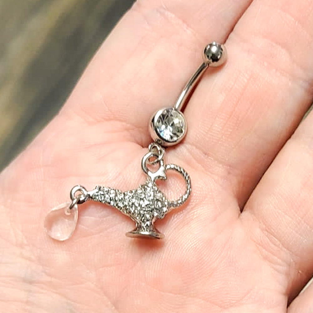 Surgical Steel 14 Gauge Belly Ring with Paved CZ Genie Lamp Dangle - photo 3