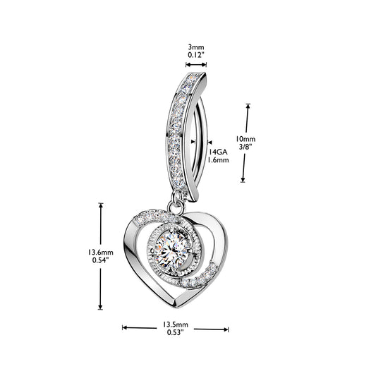 Surgical Steel 14 Gauge Hinged Belly  Ring with Heart Paved CZ Dangle