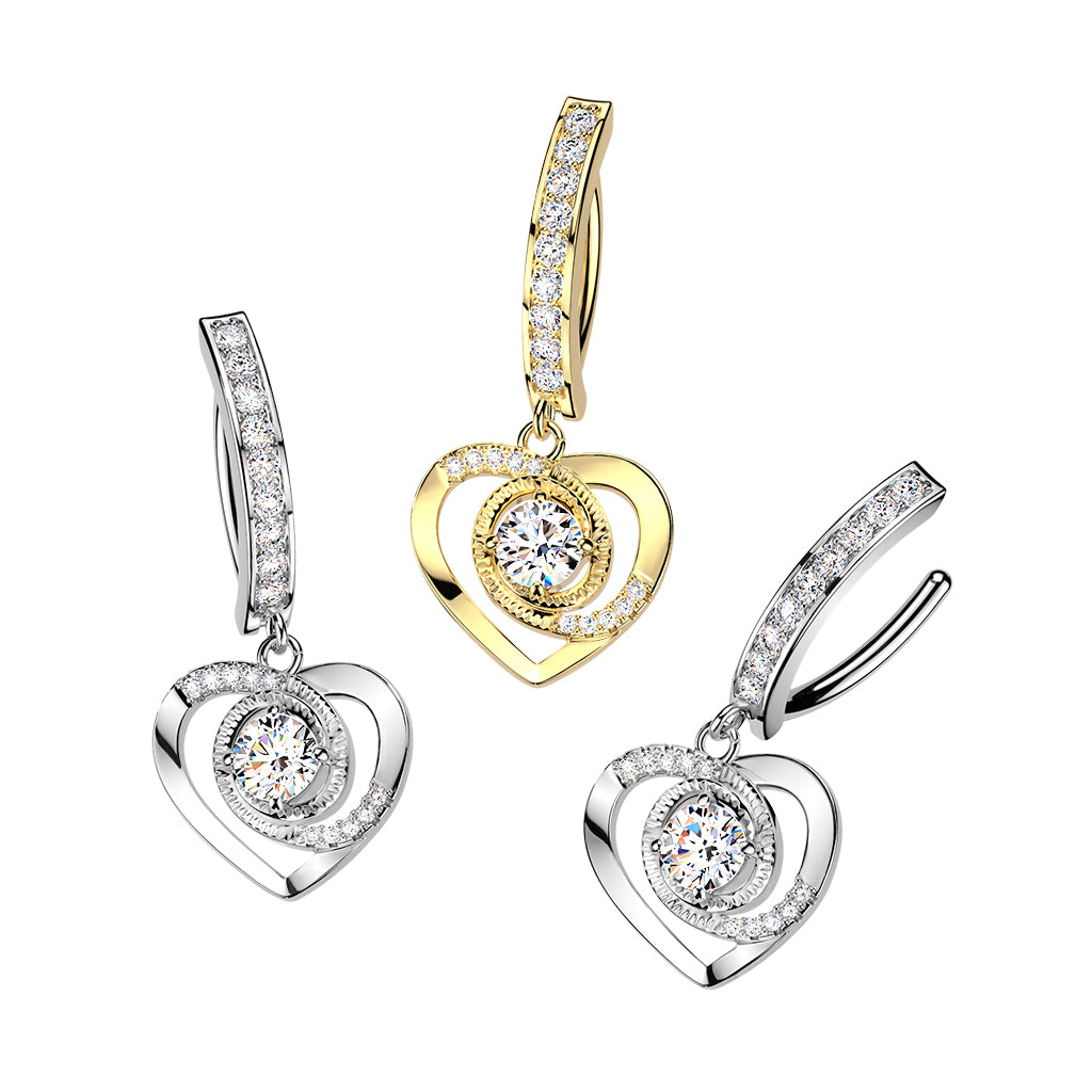 Surgical Steel 14 Gauge Hinged Belly  Ring with Heart Paved CZ Dangle