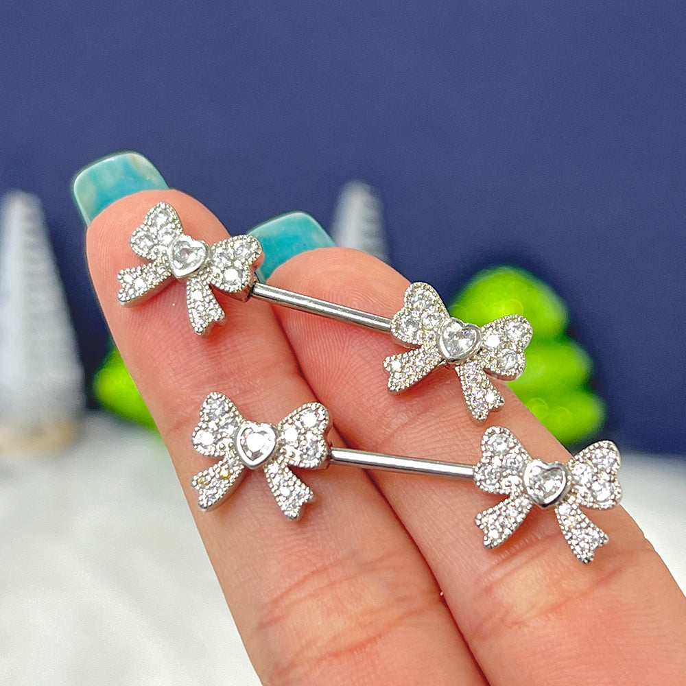 Surgical steel ribbon heart CZ nipple barbells