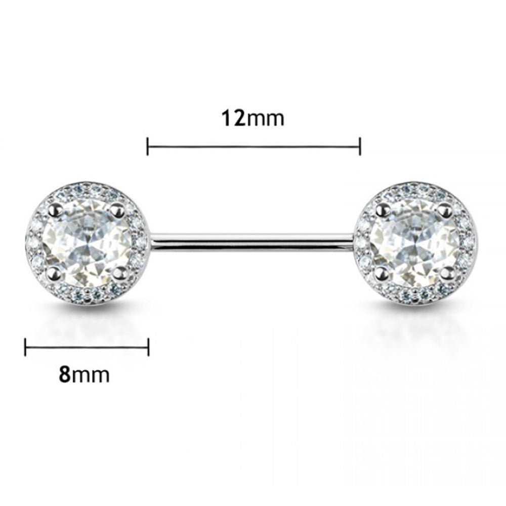 Surgical Steel 14 Gauge Nipple Barbells with Halo Frame CZ - Pair - photo 2