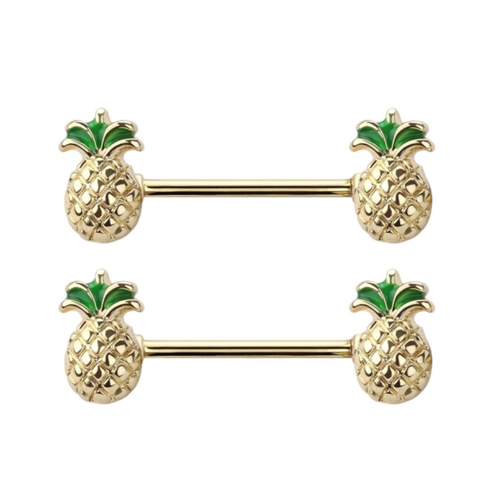 Surgical Steel 14 Gauge Nipple Barbells with PVD Gold Pineapple - Pair