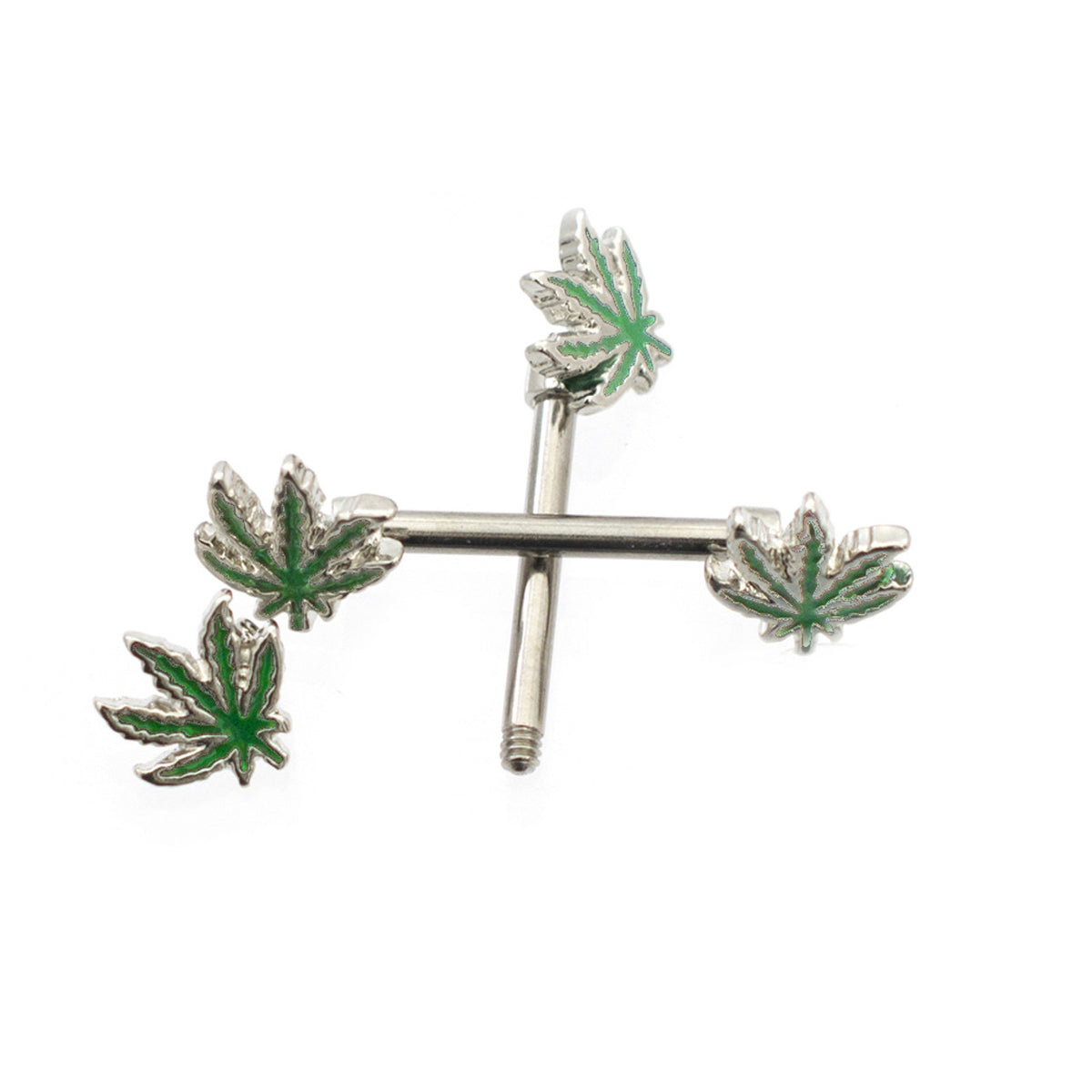 Surgical Steel 14 Gauge Nipple Barbell Green with Pot Leaf - Pair - photo 3