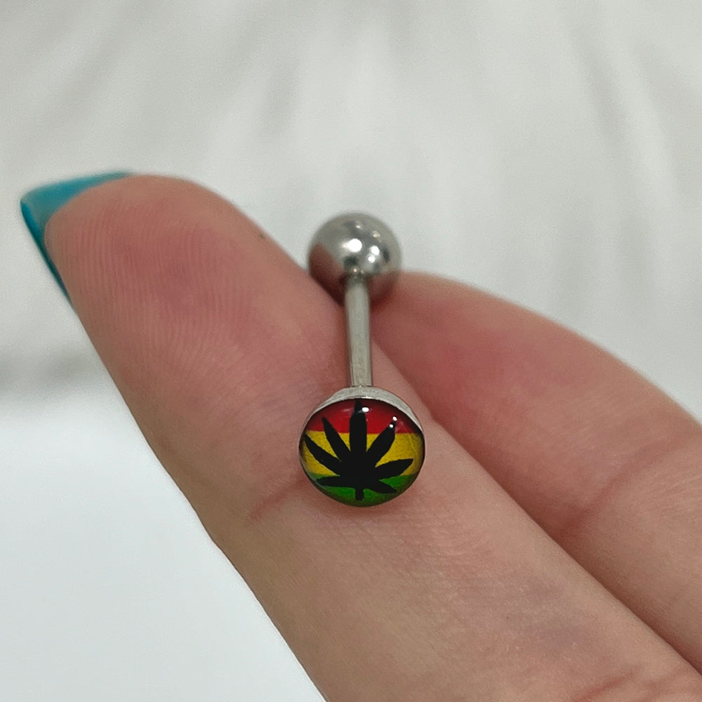 Surgical Steel 14 Gauge Tongue Barbell with Pot Leaf Marijuana Flag - photo 4