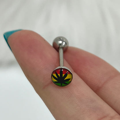 Surgical Steel 14 Gauge Tongue Barbell with Pot Leaf Marijuana Flag - photo 4