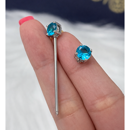 Surgical Steel 14 Gauge Industrial Barbell with Prong Aqua CZ
