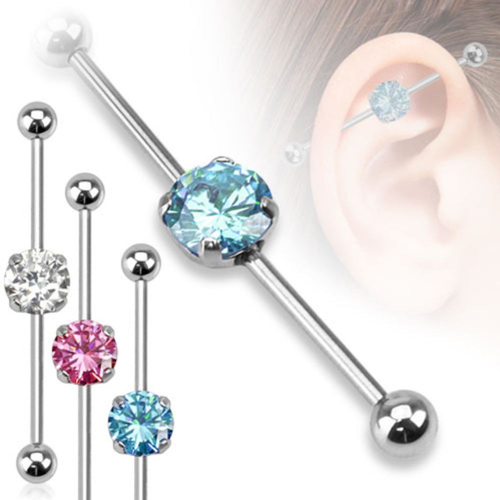 Surgical Steel 14 Gauge Industrial Barbell with Prong Set Round CZ - photo 2