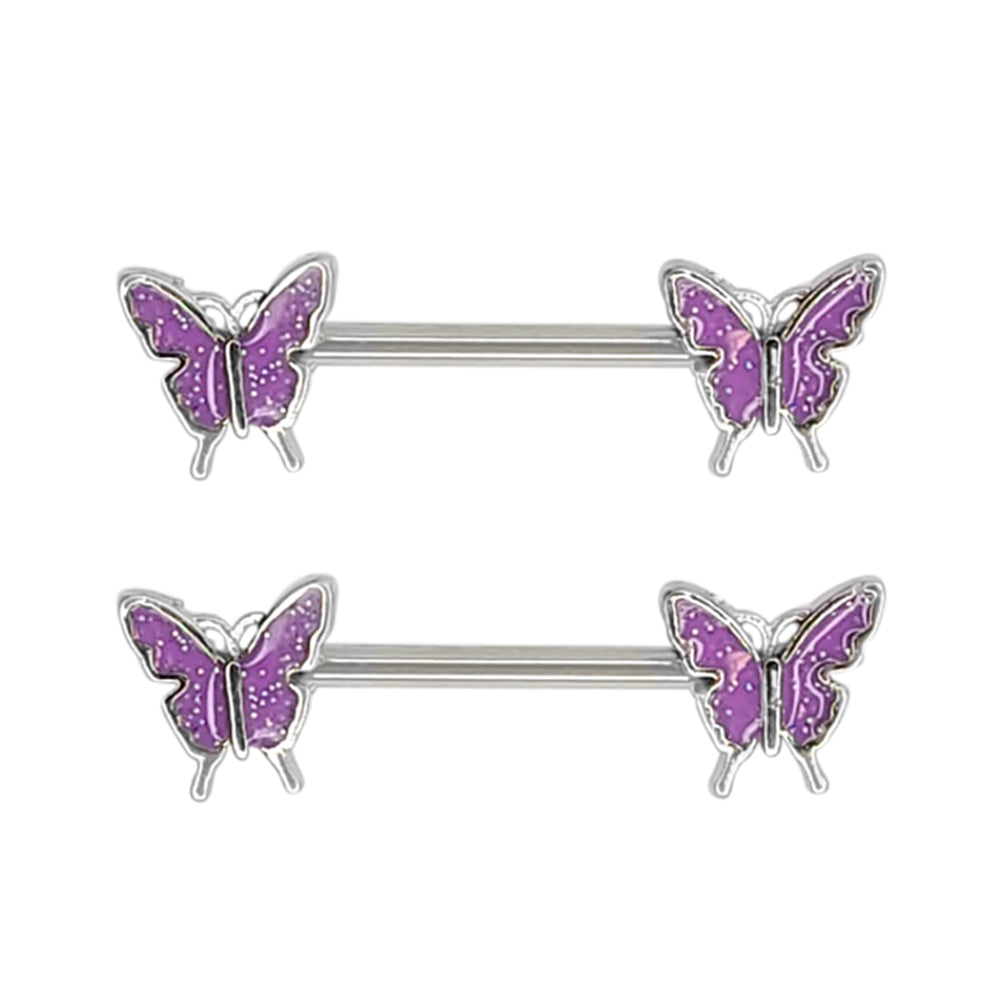 Surgical Steel 14 Gauge Nipple Barbell Purple Butterfly Enamel - Pair