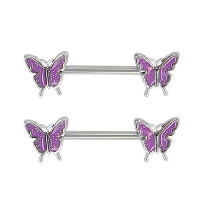 Surgical Steel 14 Gauge Nipple Barbell Purple Butterfly Enamel - Pair