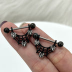 PVD Black Surgical Steel 14G Spiders on Web Dangle Nipple Barbell