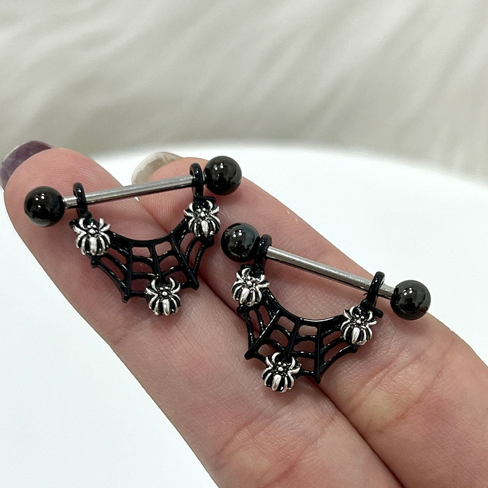 PVD Black Surgical Steel 14G Spiders on Web Dangle Nipple Barbell