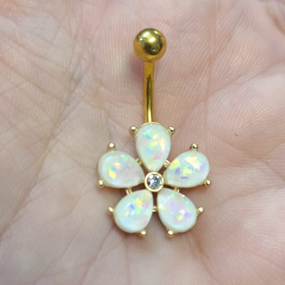 Surgical Steel 14 Gauge Belly Ring with Gold Opal Flower - photo 2