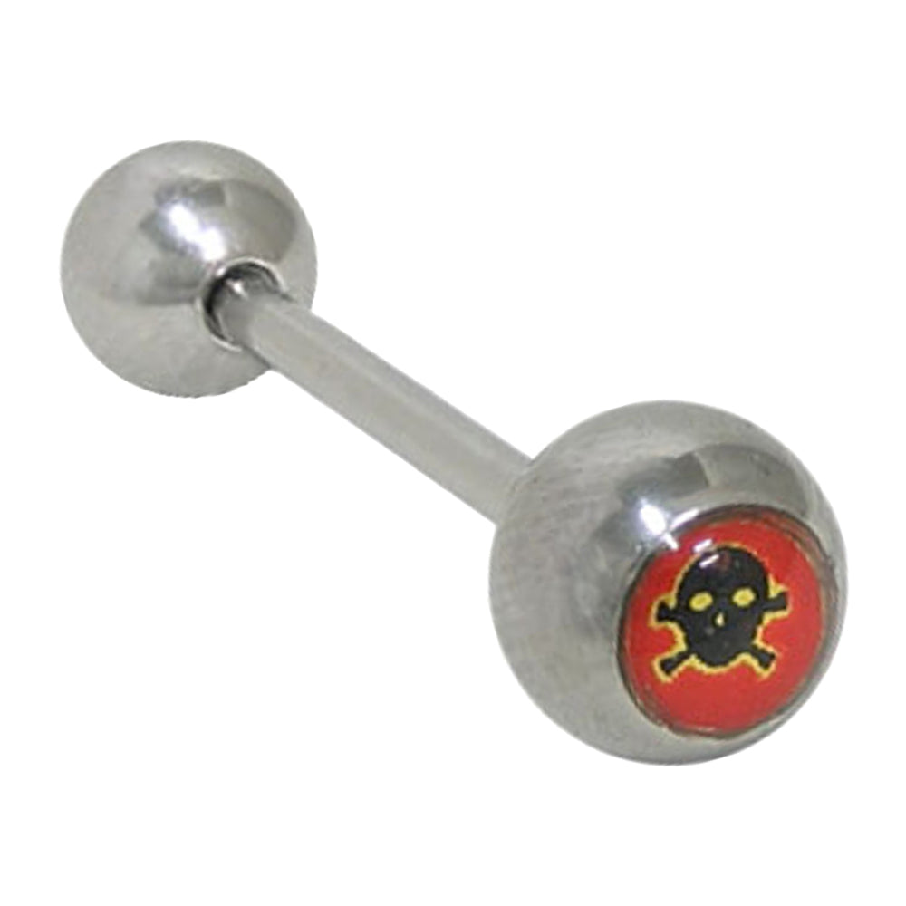 Surgical Steel 14 Gauge Tongue Barbell with Red Cross Bones Skull Head