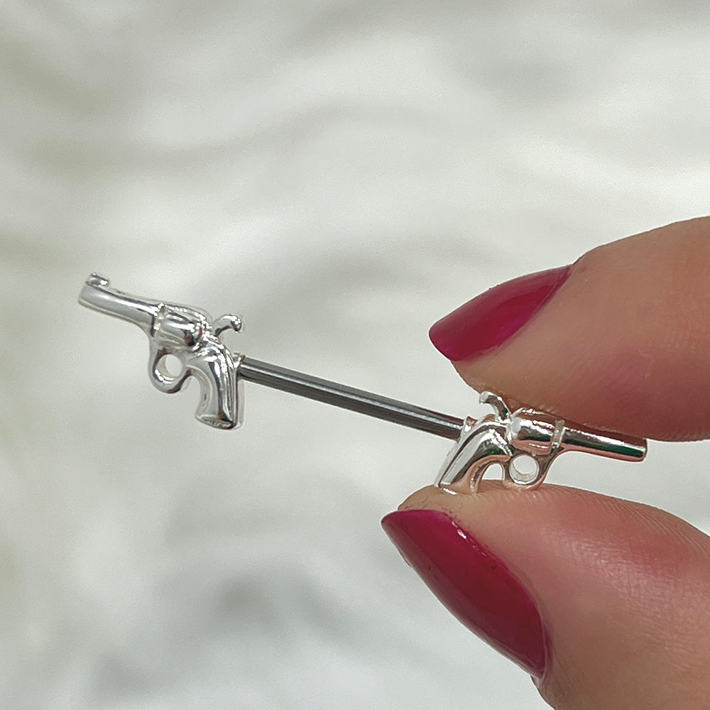 Surgical Steel Nipple Barbell 14G 14mm with Double Revolver Gun - Pair - photo 4