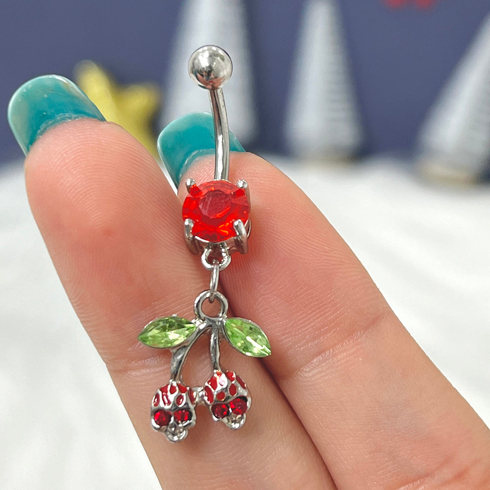 Surgical steel skull cherry dangle belly ring with red CZ