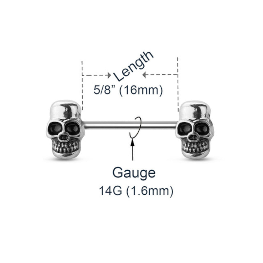 Surgical Steel Nipple Barbells 14G 16mm with Skull - 3 Colors - Pair - photo 2