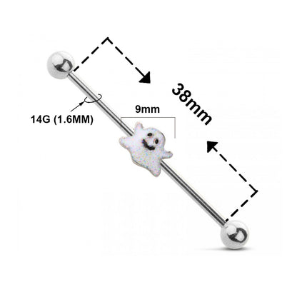Surgical Steel 14 Gauge Industrial Barbell with Spooky Smiley Ghost
