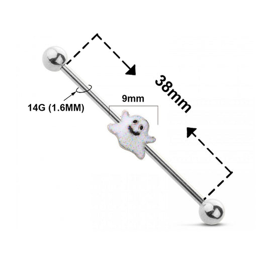 Surgical Steel 14 Gauge Industrial Barbell with Spooky Smiley Ghost