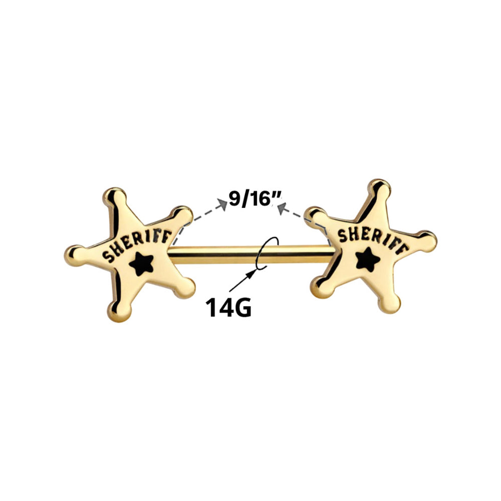 Surgical Steel Nipple Barbell 14G 14mm with Sheriff Badge Star - Pair - photo 3