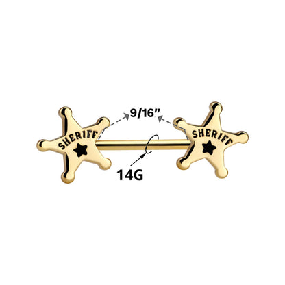 Surgical Steel Nipple Barbell 14G 14mm with Sheriff Badge Star - Pair - photo 3