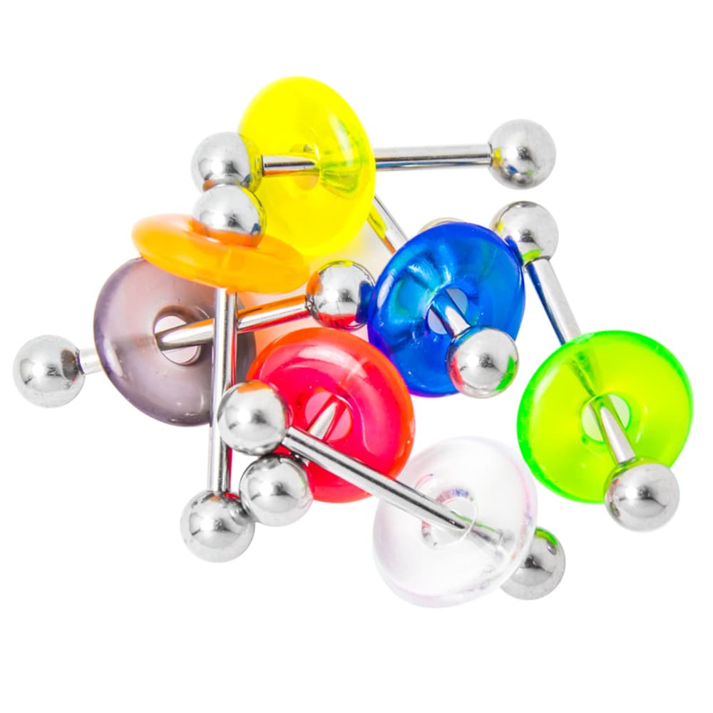 14 Gauge Straight Barbells with Acrylic UV Glow Donuts - 7 Pack