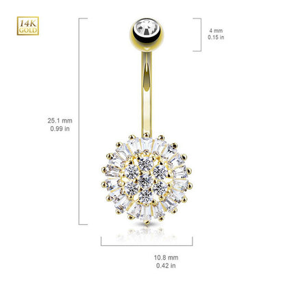 14K Solid Gold 14 Gauge Belly Ring with Clear CZ Sun Flower - photo 5