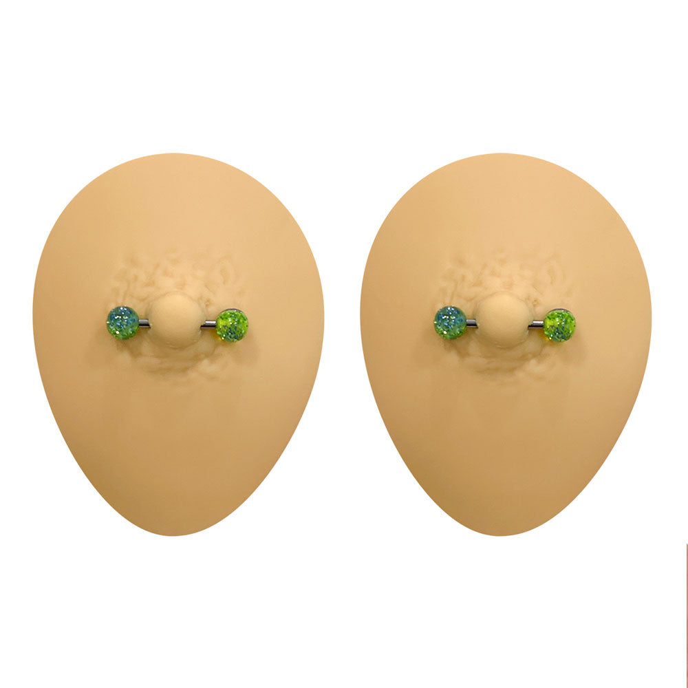 Surgical Steel Nipple Barbell 14G 14mm with Green Glitter Balls - Pair