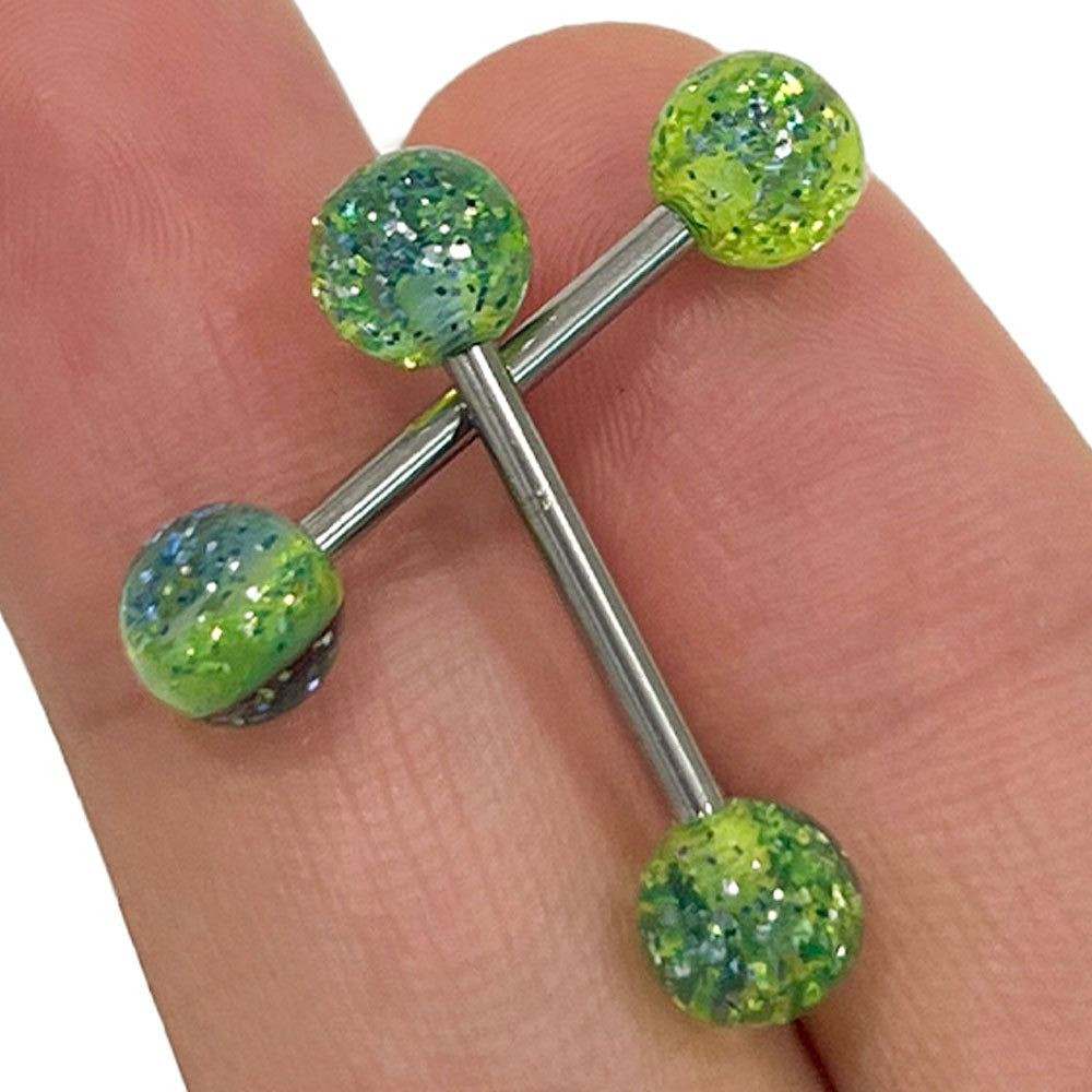 Surgical Steel Nipple Barbell 14G 14mm with Green Glitter Balls - Pair - photo 6