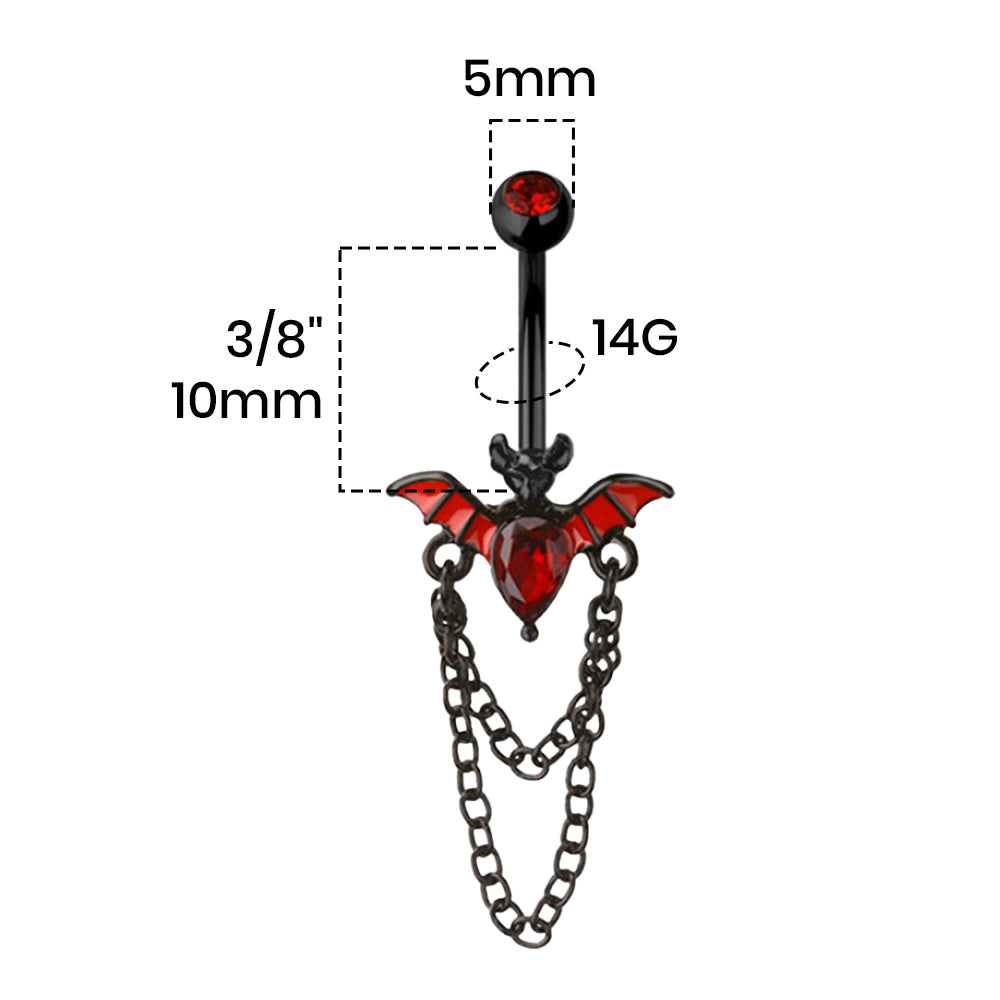 Surgical Steel Belly Ring 14G 10mm with Red Vampire Bat Chain Dangle - photo 2