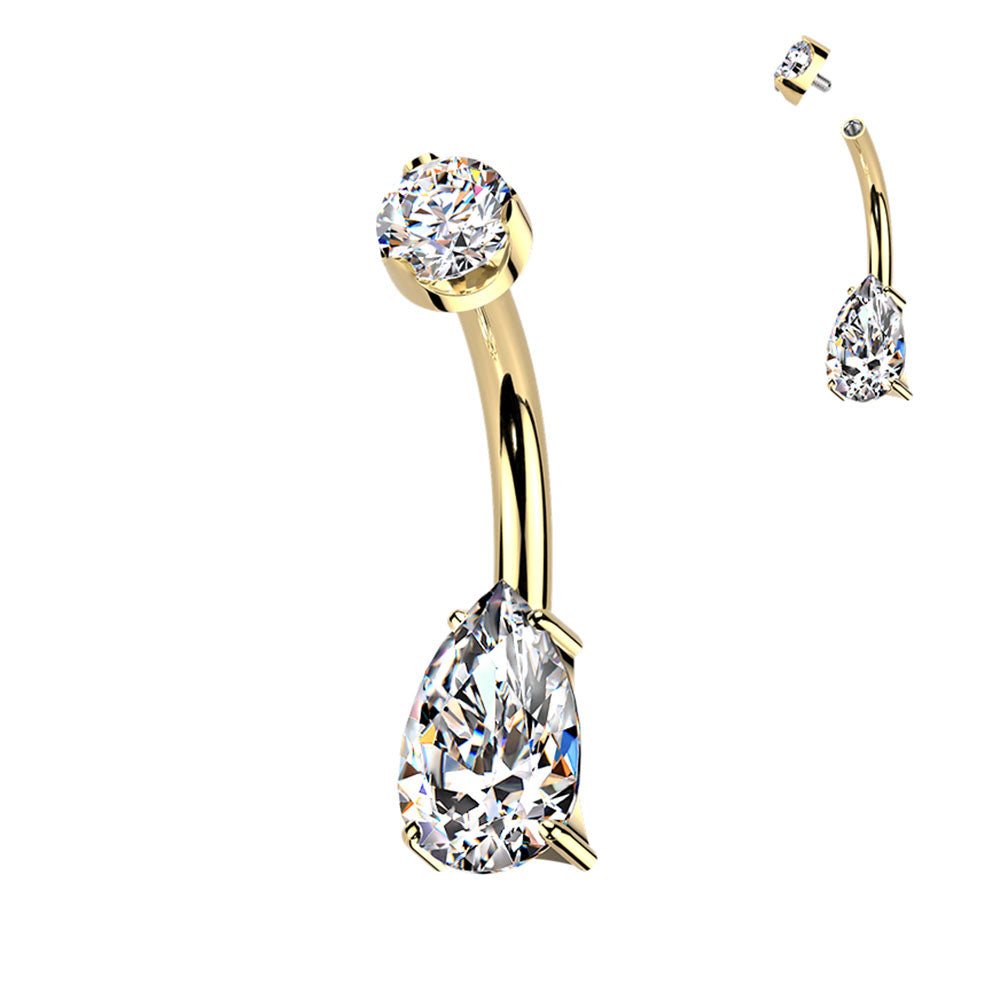Gold Plated Titanium 14 Gauge Teardrop CZ Belly Button Ring 10mm