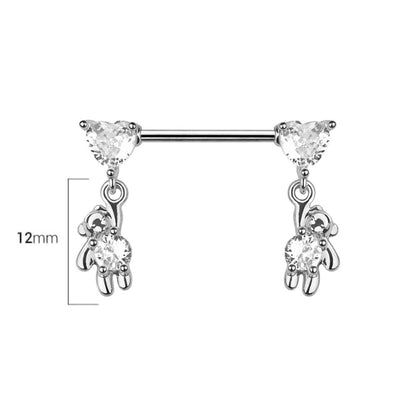 Surgical Steel 14 Gauge Nipple Barbell with Teddy Bear Dangle - Pair