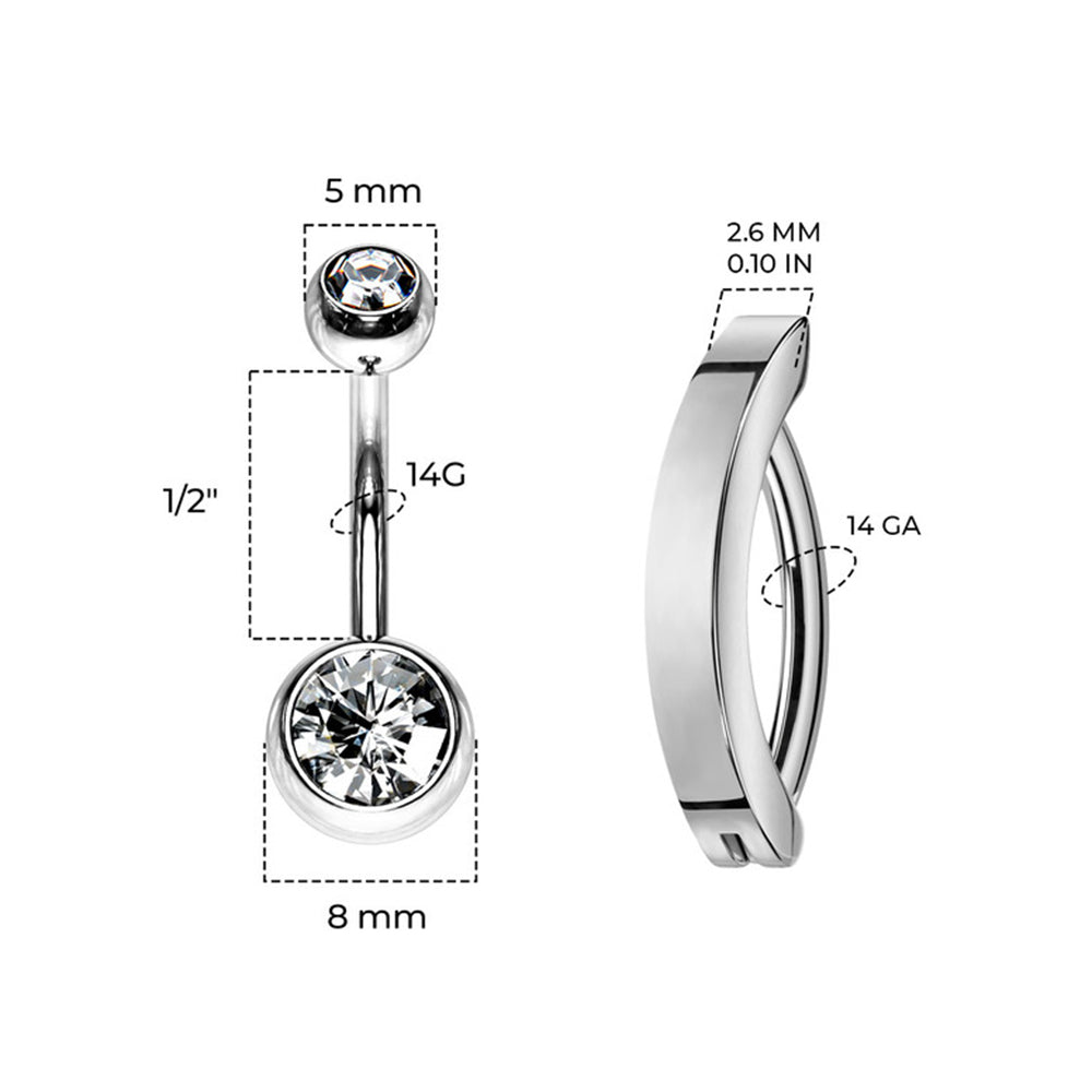 Titanium 14G CZ Hinged & Curved Belly Button Rings - Pair - Style 2