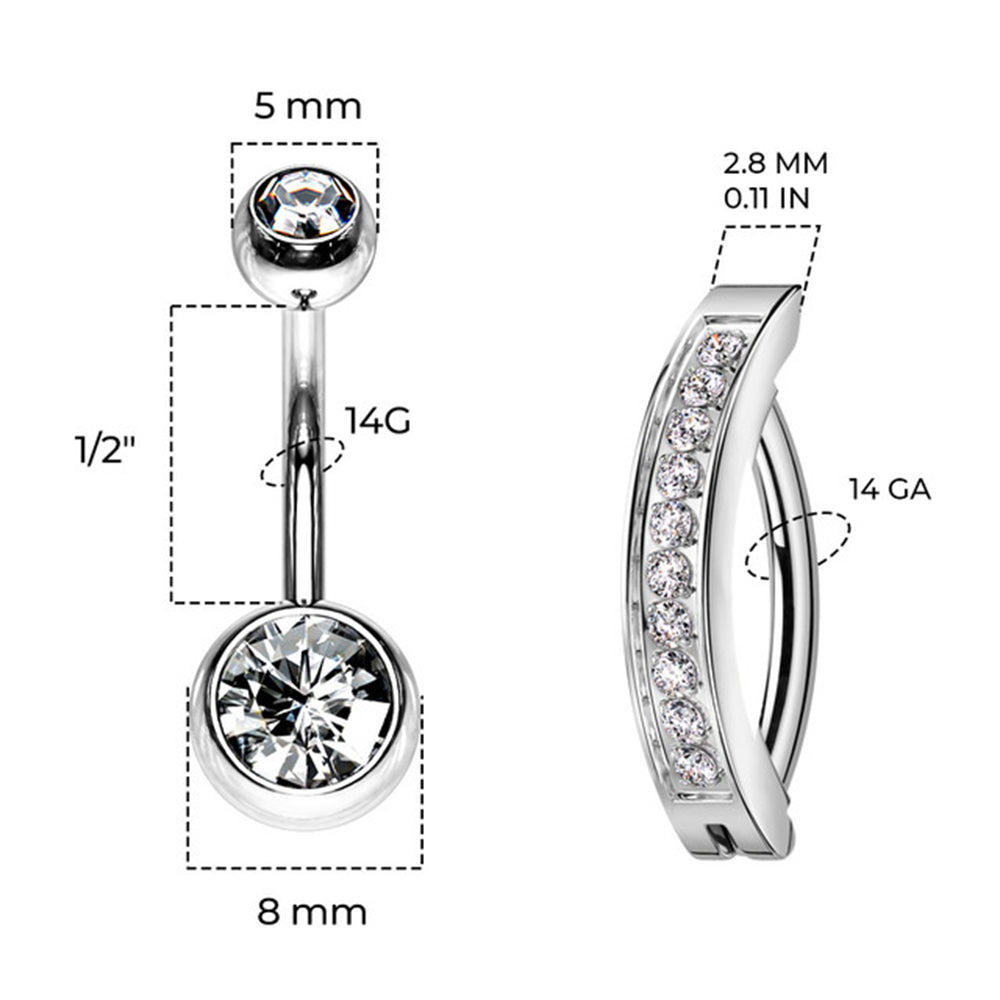 Titanium 14 Gauge CZ Hinged & Curved Belly Button Rings - Pair