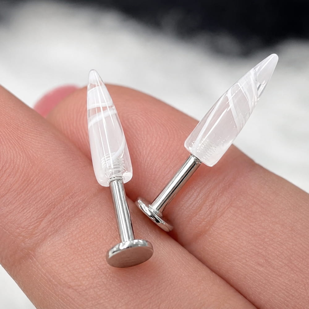 Surgical Steel 14 Gauge Labret Stud with White Spike Marble - Pair