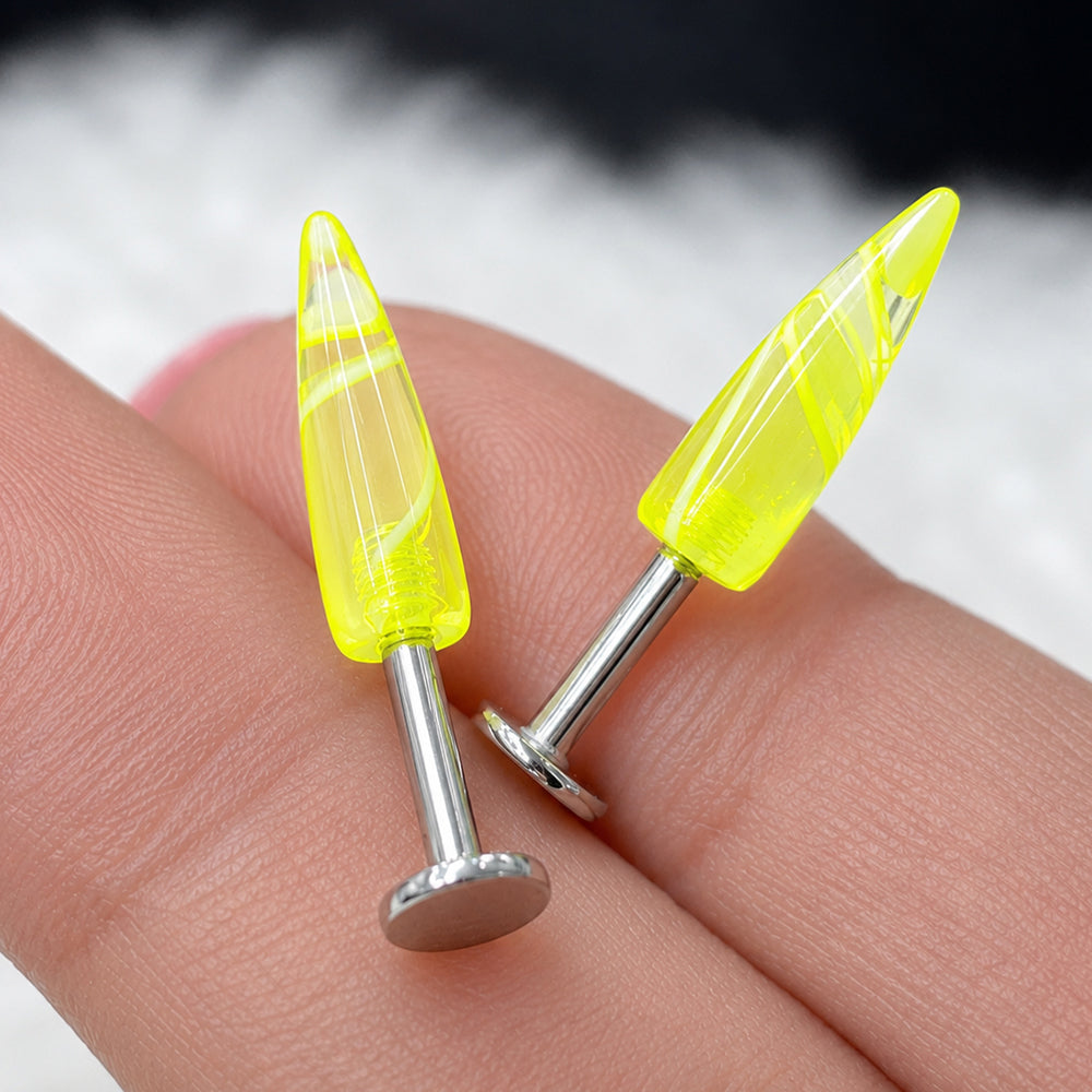Surgical Steel 14 Gauge Labret Stud Neon Yellow Spike Marble - Pair
