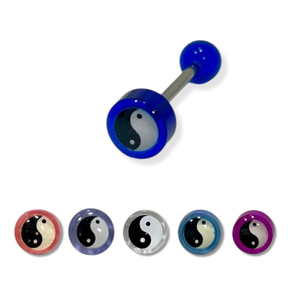 Surgical Steel Tongue Barbell 14G 16mm with Acrylic Yin Yang