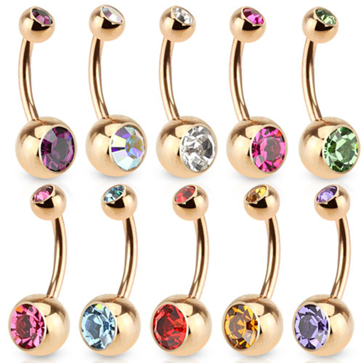 Surgical Steel Belly Ring 14 Gauge Rose Gold IP with Double CZ Gems - Kruelty