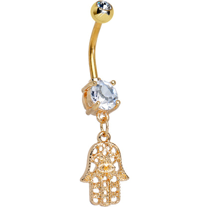 Surgical Steel 14 Gauge Belly Ring with Hamsa Dangle Prong Set CZ - photo 2
