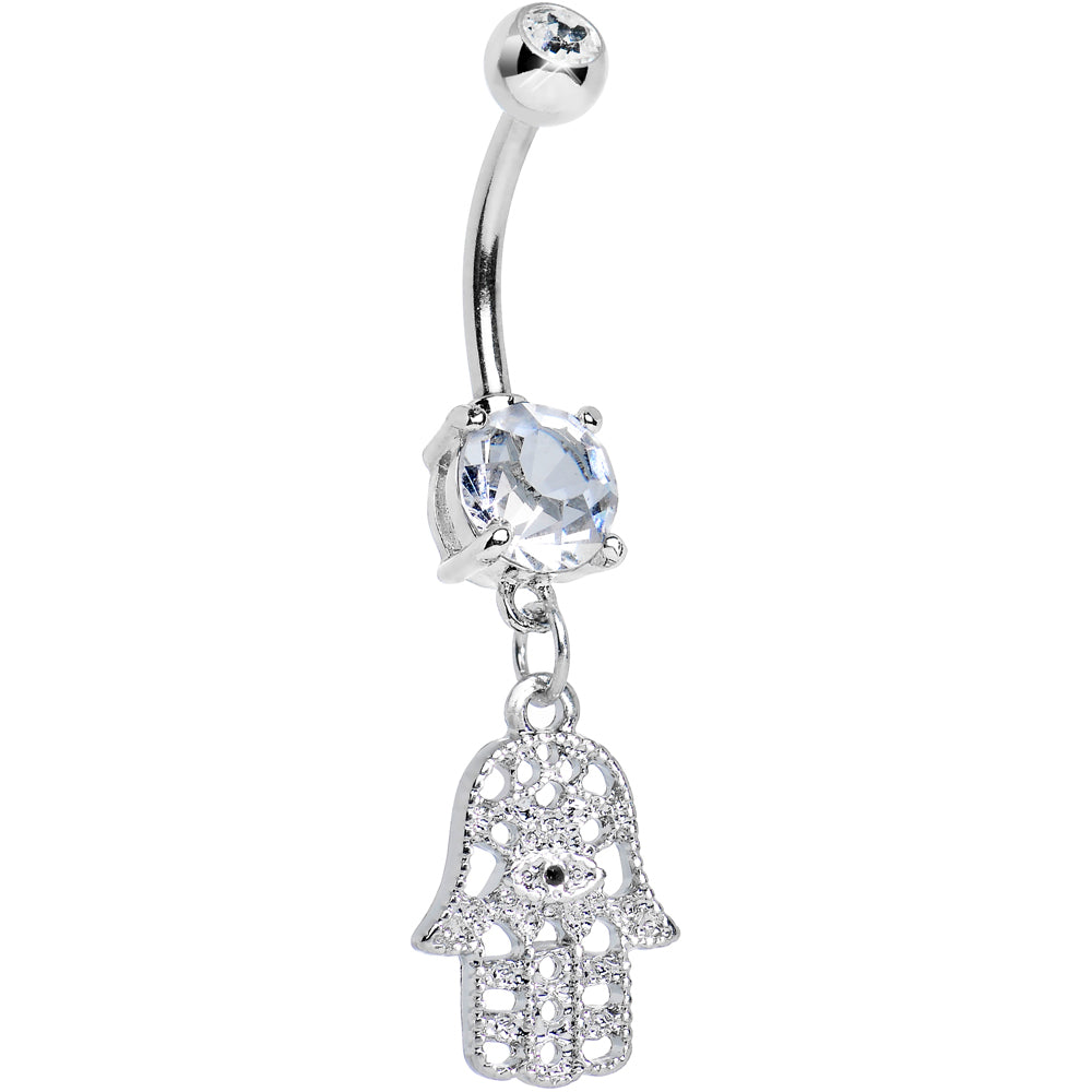 Surgical Steel 14 Gauge Belly Ring with Hamsa Dangle Prong Set CZ - photo 3