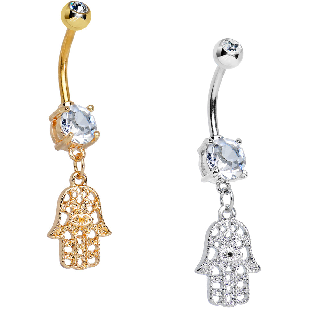 Surgical Steel 14 Gauge Belly Ring with Hamsa Dangle Prong Set CZ