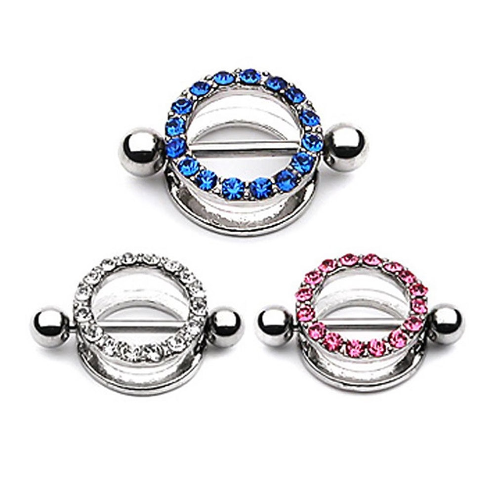 Surgical Steel 14 & 16 Gauge Nipple Shield with Paved CZ - Pair