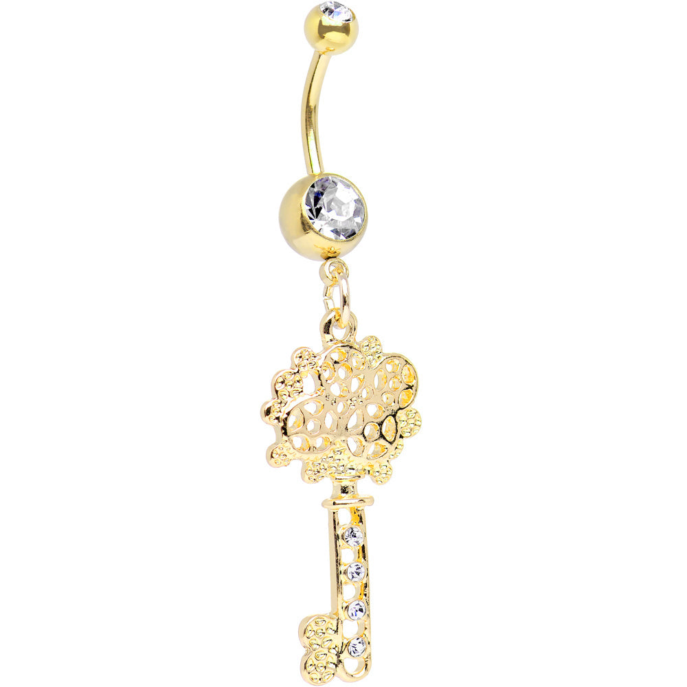 Surgical Steel 14 Gauge Belly Ring with Steampunk Key Dangle