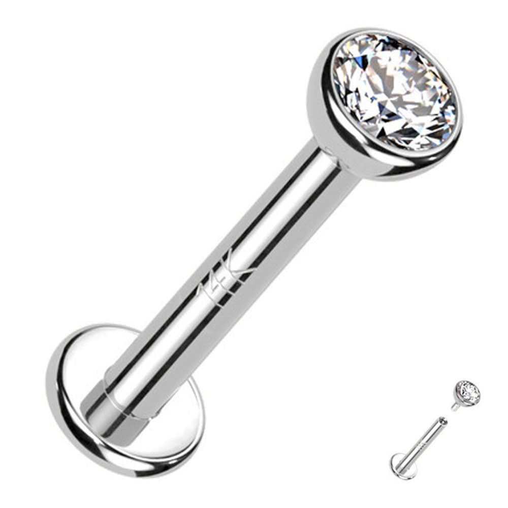 14K Solid Gold 16 Gauge Internally Threaded CZ Top Labret Stud