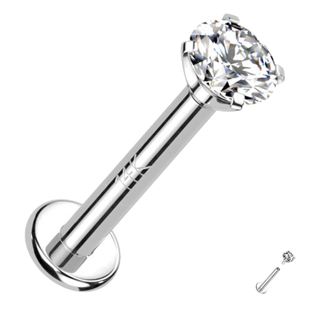 14K Solid Gold 16G Internally Threaded CZ Top Labret Stud - Style 2
