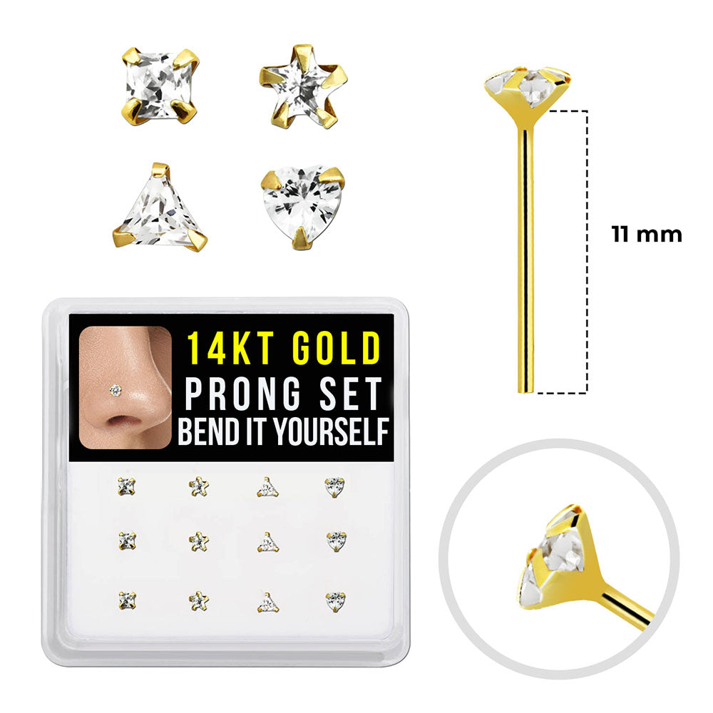 14K Solid Gold Bendable Fishtail Nose Stud 22G with CZ - 4 Shapes