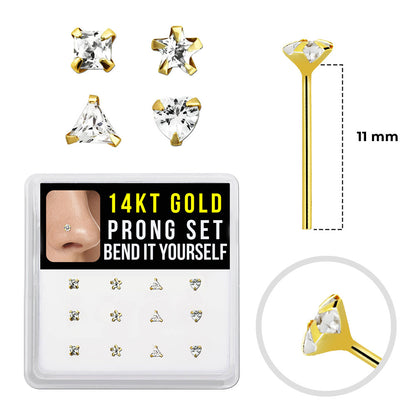 14K Solid Gold Bendable Fishtail Nose Stud 22G with CZ - 4 Shapes